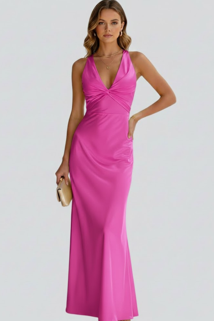 Ärmelloses Damen Maxikleid mit tiefem V-Ausschnitt und taillierter Passform – Bodenlanges Kleid mit ausgestelltem Saum