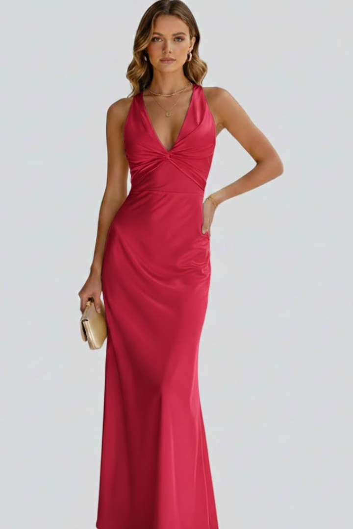 Ärmelloses Damen Maxikleid mit tiefem V-Ausschnitt und taillierter Passform – Bodenlanges Kleid mit ausgestelltem Saum