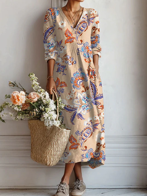 Damen Maxikleid mit Taschen | Bequemes Langarmkleid für den Alltag | Lockeres Freizeitkleid aus atmungsaktivem Stoff
