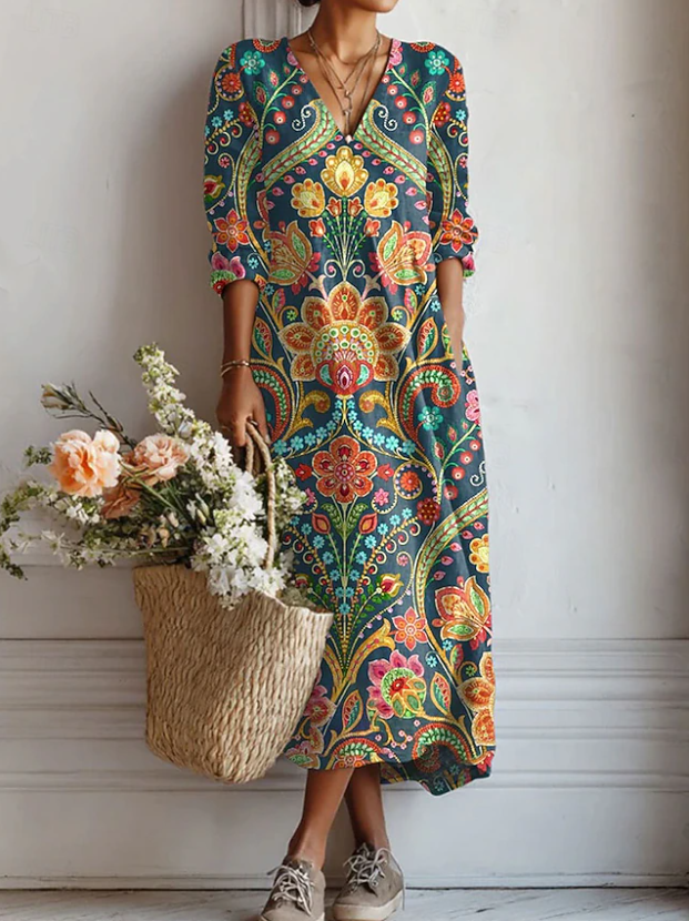 Damen Maxikleid mit Taschen | Bequemes Langarmkleid für den Alltag | Weicher atmungsaktiver Stoff & Lockere Passform für jeden Tag