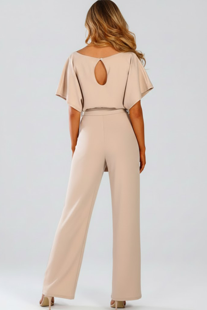 Damen Jumpsuit mit weitem Bein und Gürtel | Kurzarm Einteiler mit Rundhalsausschnitt | Fließender Hosenanzug für Damen