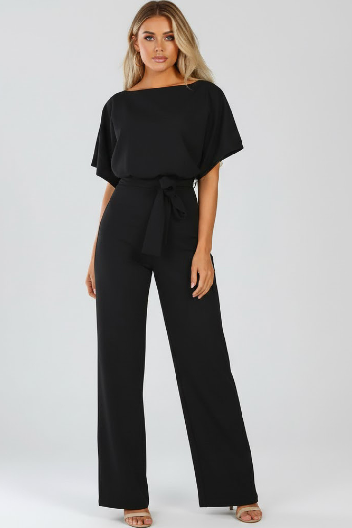 Damen Jumpsuit mit weitem Bein und Gürtel | Kurzarm Einteiler mit Rundhalsausschnitt | Fließender Hosenanzug für Damen