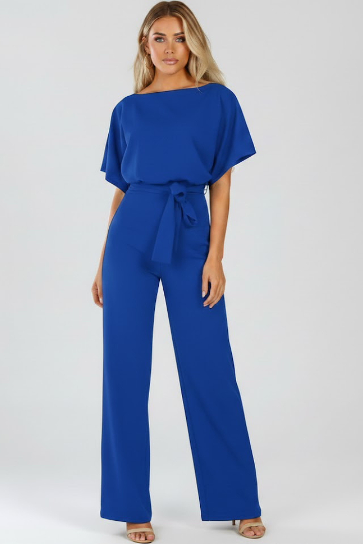 Damen Jumpsuit mit weitem Bein und Gürtel | Kurzarm Einteiler mit Rundhalsausschnitt | Fließender Hosenanzug für Damen