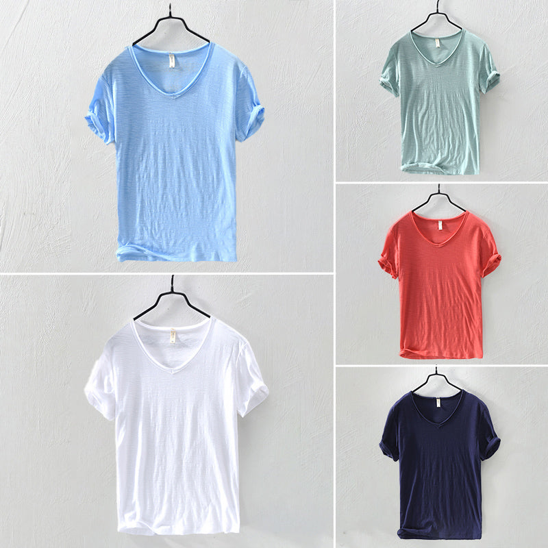 Herren V-Ausschnitt T-Shirt aus Slub Cotton | Relaxed Fit Baumwollshirt | Atmungsaktives Kurzarmshirt für den Alltag