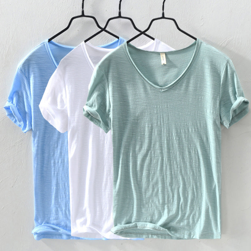 Herren V-Ausschnitt T-Shirt aus Slub Cotton | Relaxed Fit Baumwollshirt | Atmungsaktives Kurzarmshirt für den Alltag
