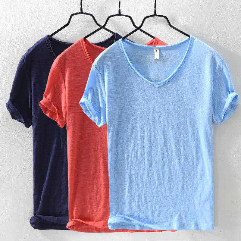 Herren V-Ausschnitt T-Shirt aus Slub Cotton | Relaxed Fit Baumwollshirt | Atmungsaktives Kurzarmshirt für den Alltag