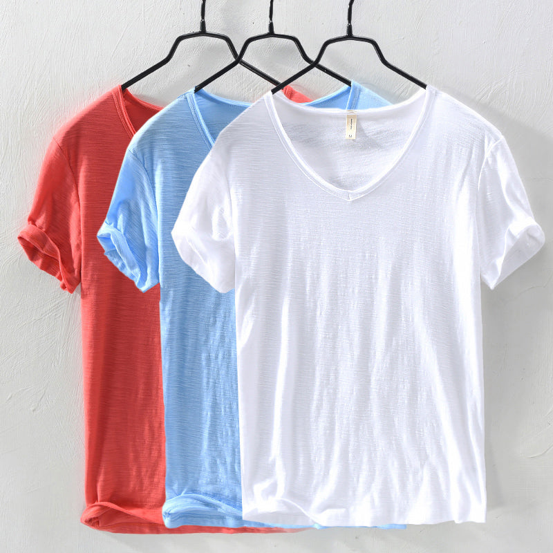 Herren V-Ausschnitt T-Shirt aus Slub Cotton | Relaxed Fit Baumwollshirt | Atmungsaktives Kurzarmshirt für den Alltag