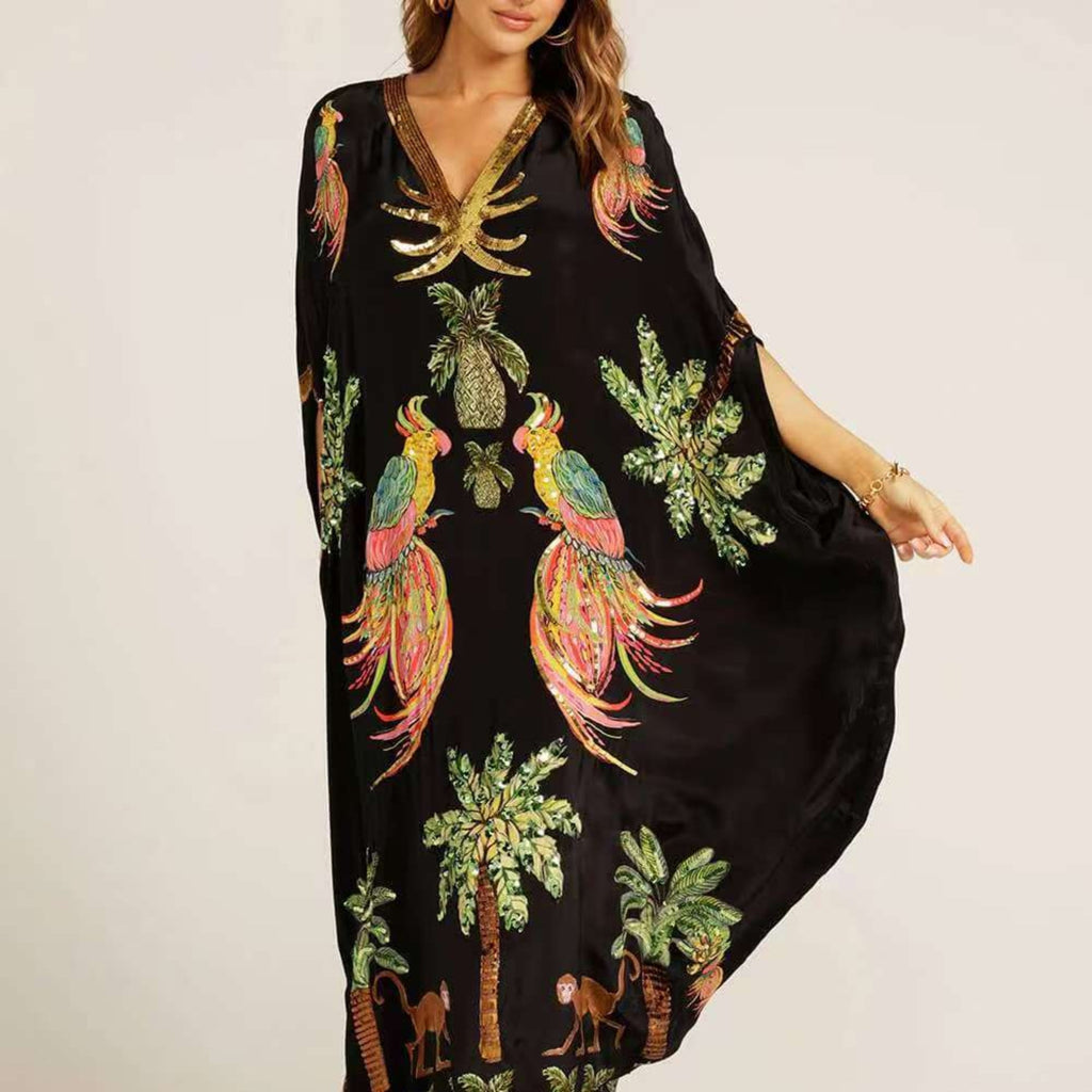 TropicalVibe | Women's Dress - Loose Fit Ankle-Length Kaftan in Tropical Print 0