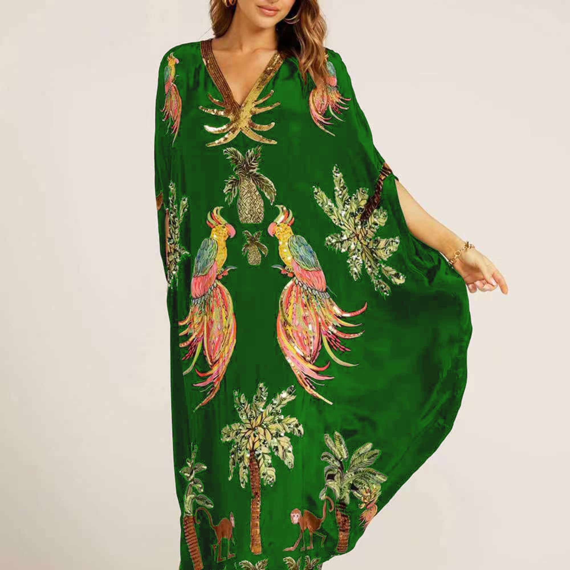TropicalVibe | Women's Dress - Loose Fit Ankle-Length Kaftan in Tropical Print 9