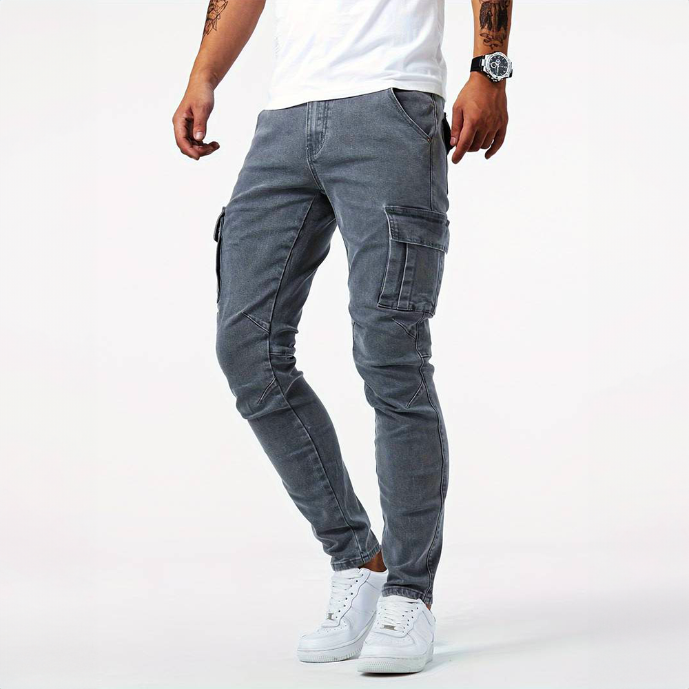 Men's cargo jeans made from elastic stretch denim | Slim fit casual pants with practical side pockets for work and leisure