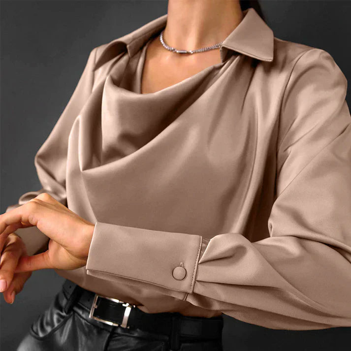 Women's silk blouse with cowl neckline and classic collar | Elegant long-sleeve blouse for business and leisure