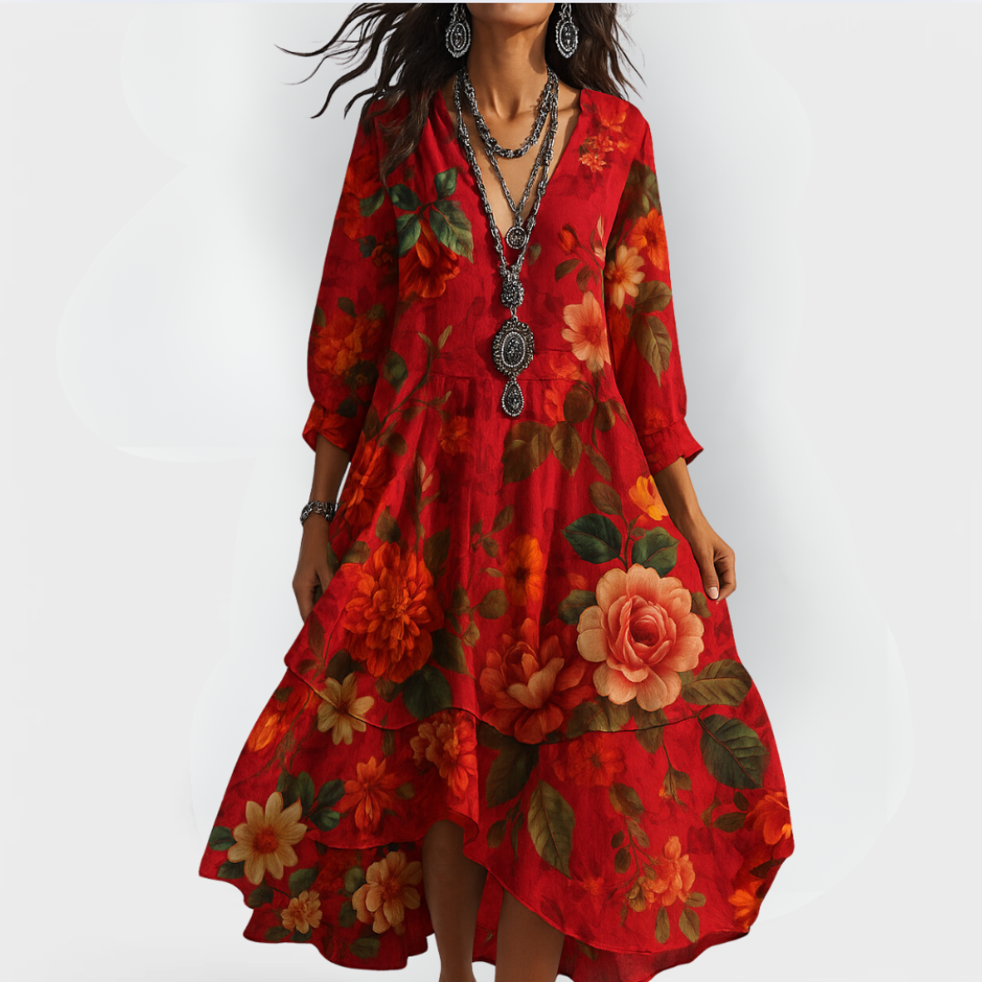 Boho-Kleid für Damen | Florales Midikleid mit V-Ausschnitt und 3/4-Ärmeln