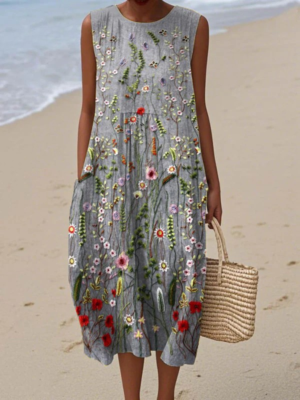 Damen Midi-Kleid mit Stickerei | Ärmelloses Sommerkleid in lockerer Passform | Bequemes Freizeitkleid mit Wildblumen