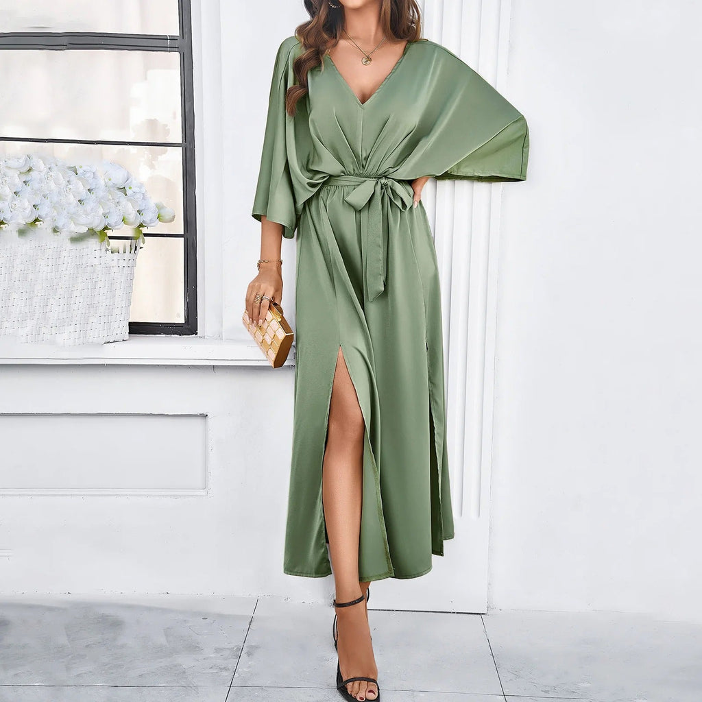 Damen Maxikleid für den Sommer mit V-Ausschnitt und Schlitz | Luftiges langes Kleid mit Bindegürtel und lockerer Passform