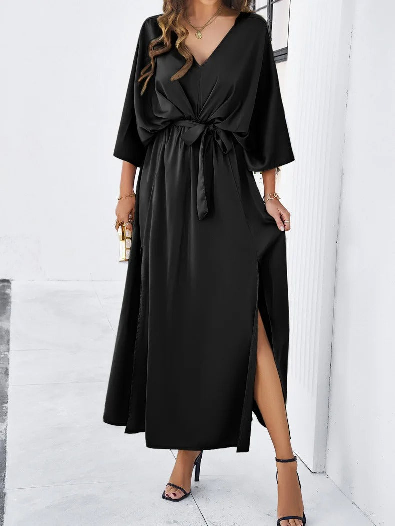 Damen Maxikleid für den Sommer mit V-Ausschnitt und Schlitz | Luftiges langes Kleid mit Bindegürtel und lockerer Passform