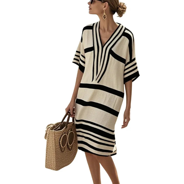 Striped summer dress for women with V-neck | Airy casual dress with flowing fit for warm days