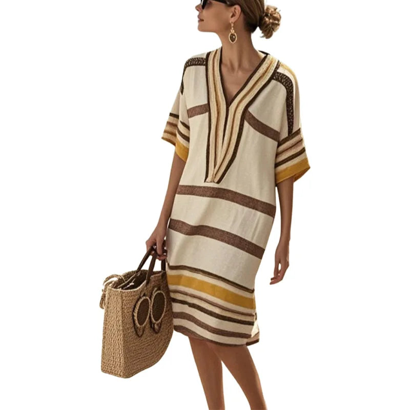Striped summer dress for women with V-neck | Airy casual dress with flowing fit for warm days