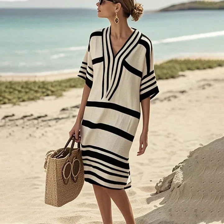 Striped summer dress for women with V-neck | Airy casual dress with flowing fit for warm days