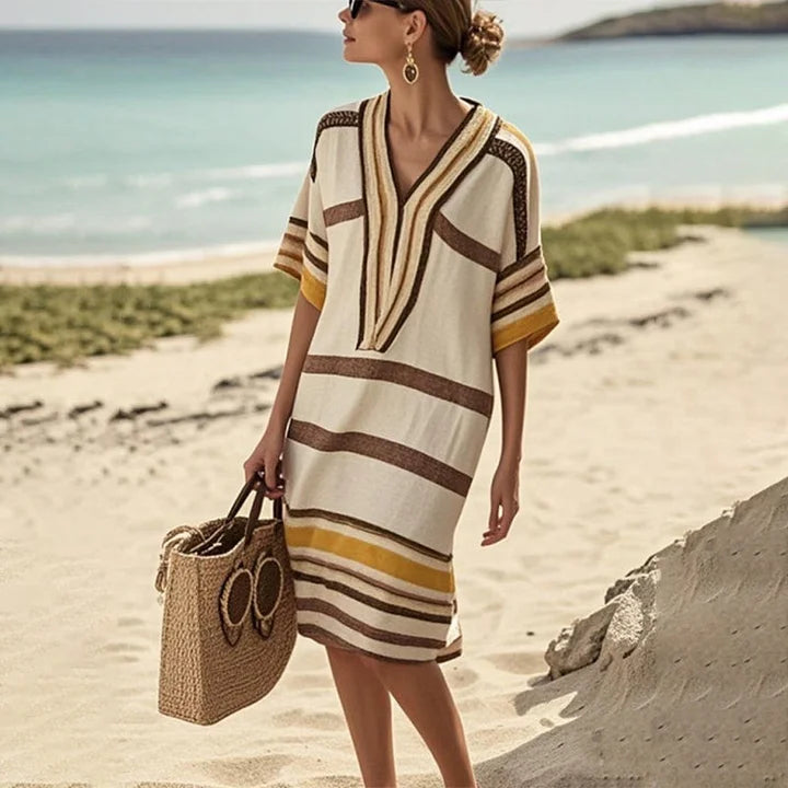 Striped summer dress for women with V-neck | Airy casual dress with flowing fit for warm days