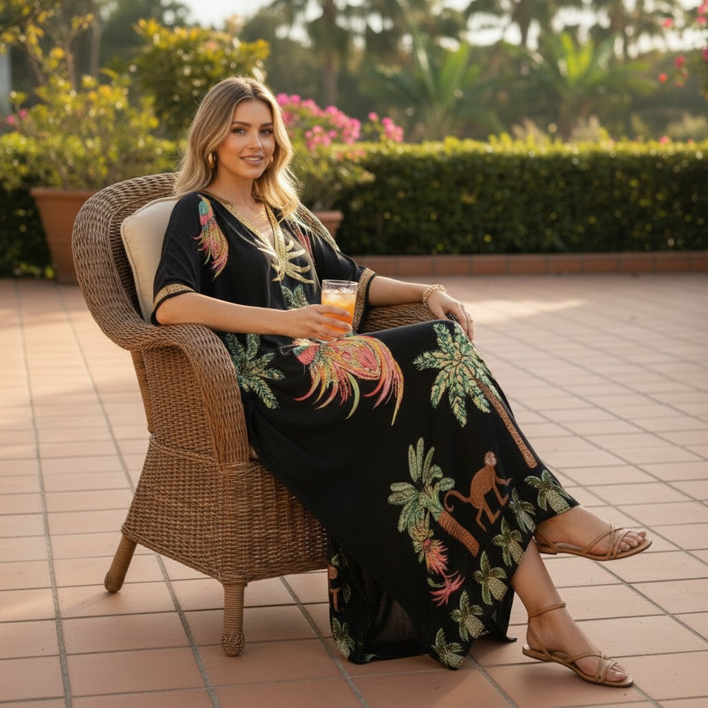 Damen Kaftan Kleid mit Tropen-Print | Luftiges Maxikleid mit V-Ausschnitt | Knöchellanges Sommerkleid in lockerer Passform