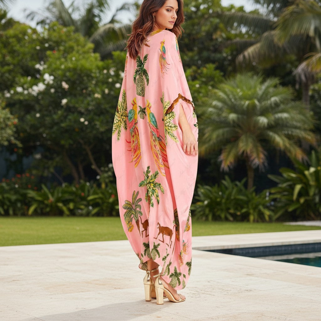 Damen Kaftan Kleid mit Tropen-Print | Luftiges Maxikleid mit V-Ausschnitt | Knöchellanges Sommerkleid in lockerer Passform