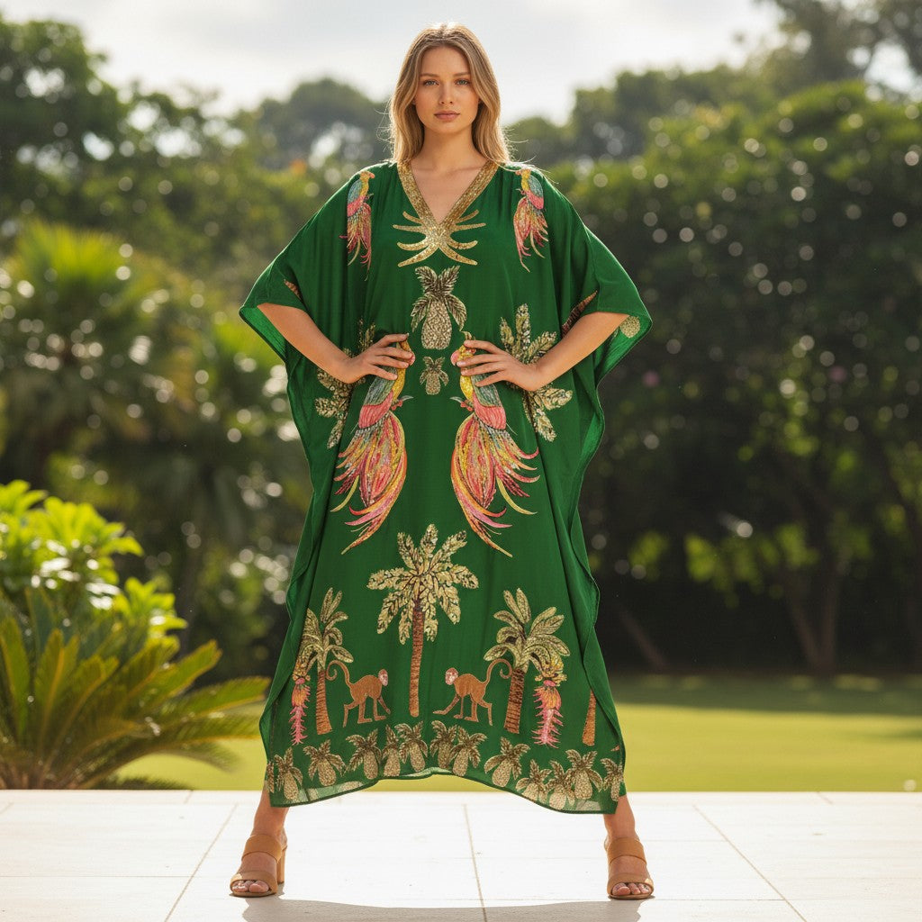 Damen Kaftan Kleid mit Tropen-Print | Luftiges Maxikleid mit V-Ausschnitt | Knöchellanges Sommerkleid in lockerer Passform