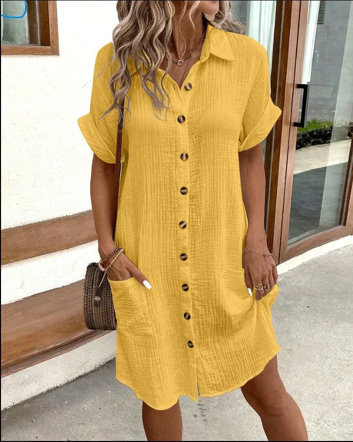 Women's Shirt Dress Made of Lightweight Cotton | Airy Summer Dress with Button Placket | Loose Knee-Length Casual Dress
