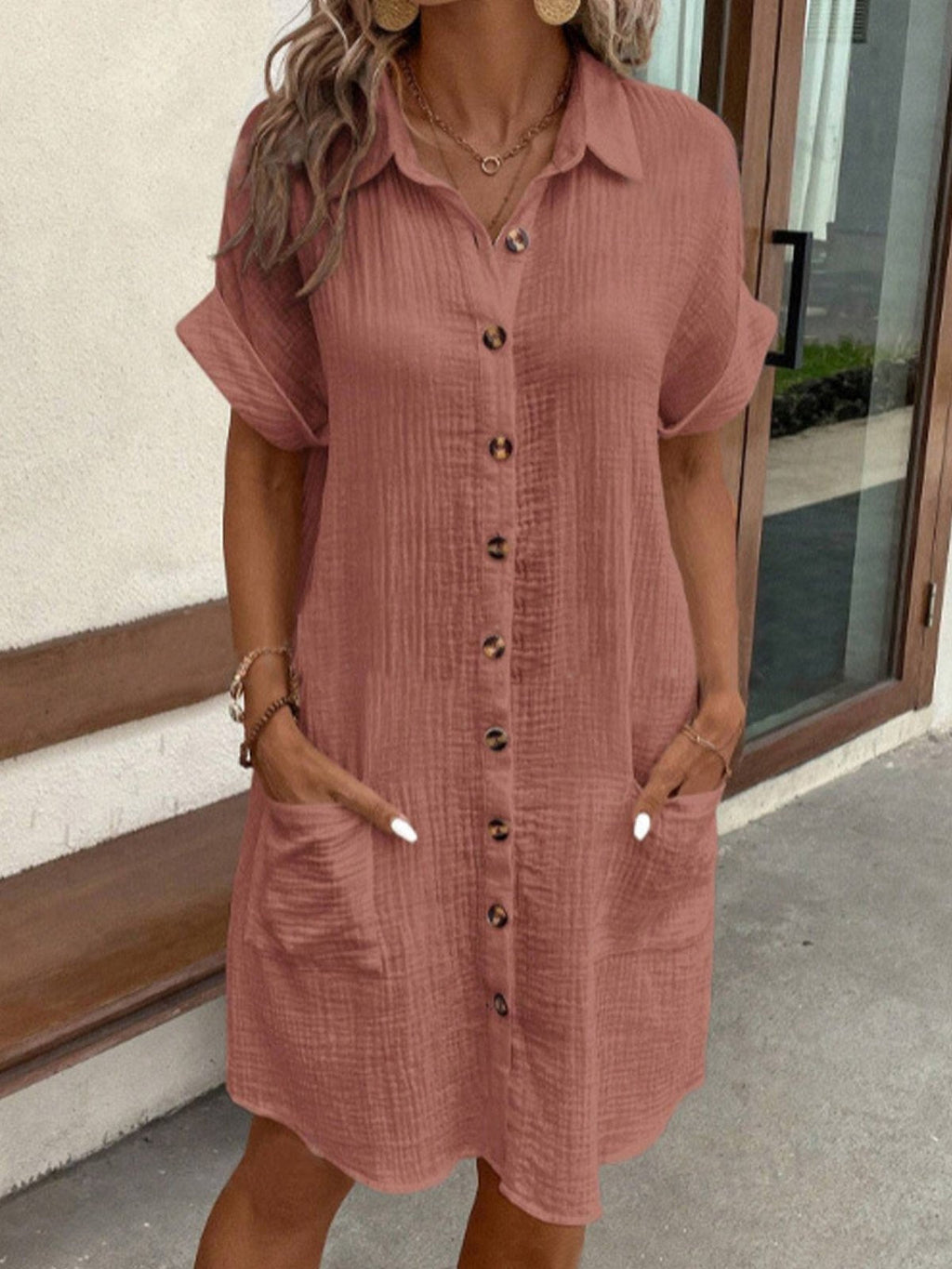 Women's Shirt Dress Made of Lightweight Cotton | Airy Summer Dress with Button Placket | Loose Knee-Length Casual Dress