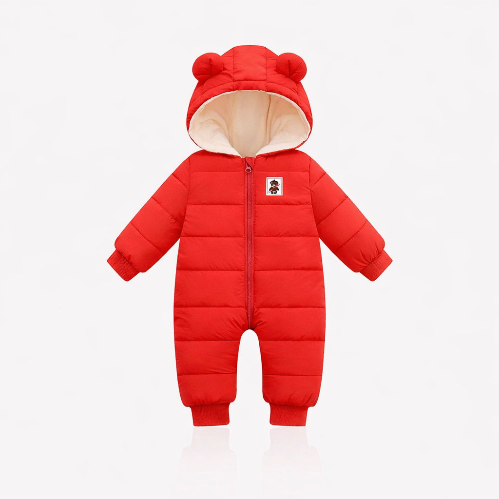 Red Warm and cuddly baby winter romper with ears