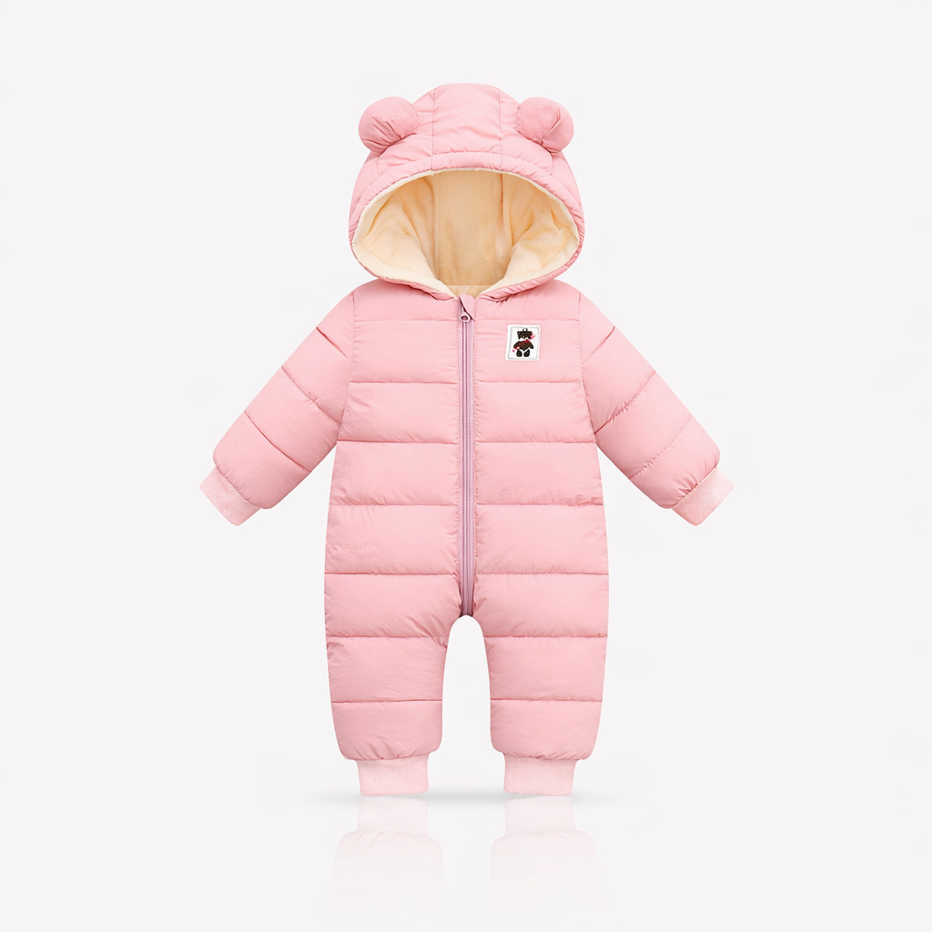 Pink Warm and cuddly baby winter romper with ears