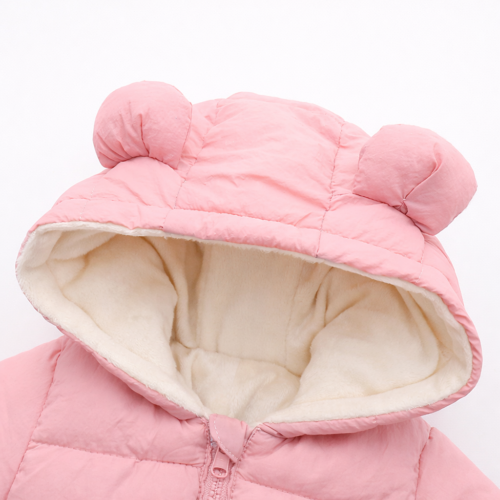 Pink Warm and cuddly baby winter romper with ears