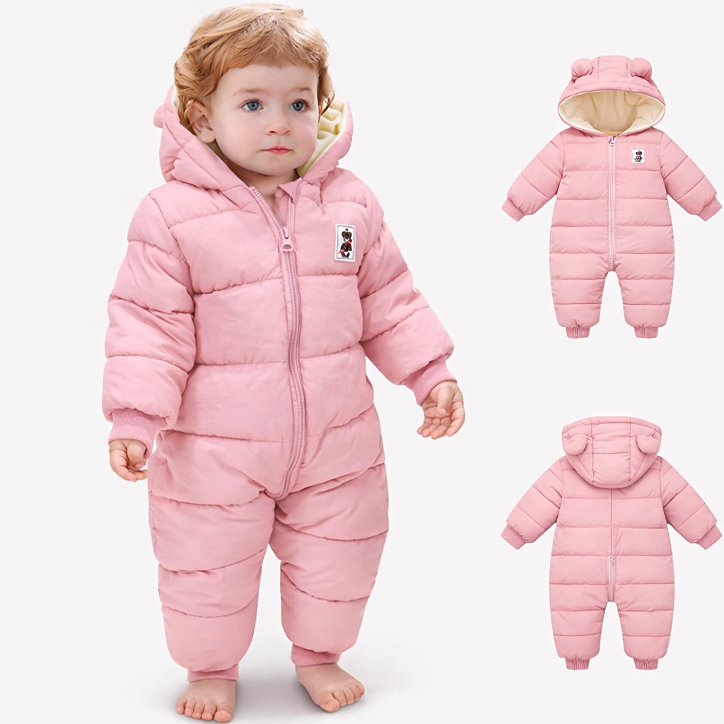 Pink Warm and cuddly baby winter romper with ears