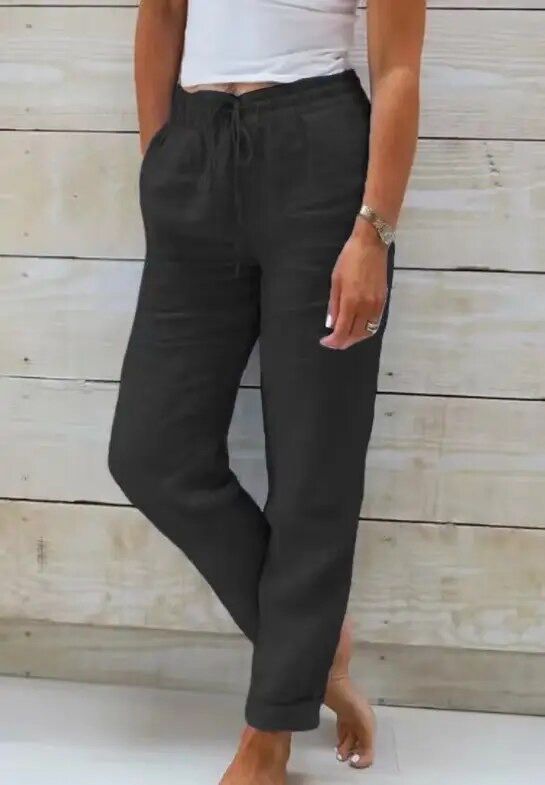 Damen Leinen-Baumwollhose mit elastischem Bund und Kordelzug