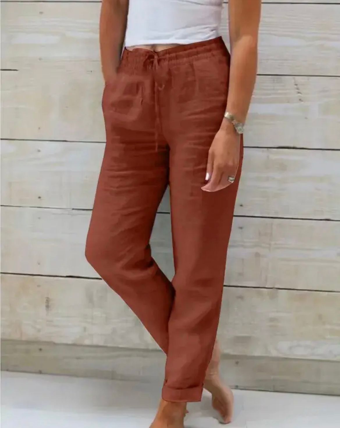 Damen Leinen-Baumwollhose mit elastischem Bund und Kordelzug