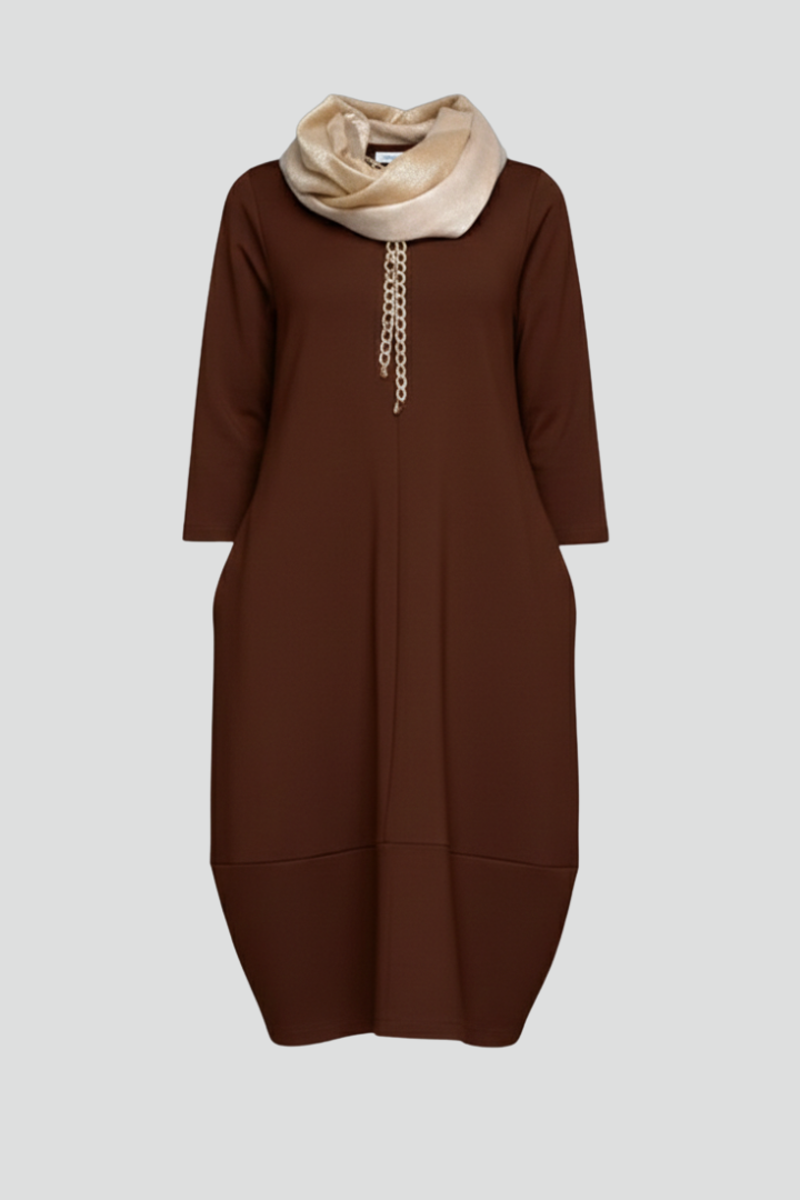 Midikleid Damen mit Taschen | A-Linie Kleid mit Rundhals und 3/4 Arm | Bequemes Freizeitkleid mit strukturierter Oberfläche
