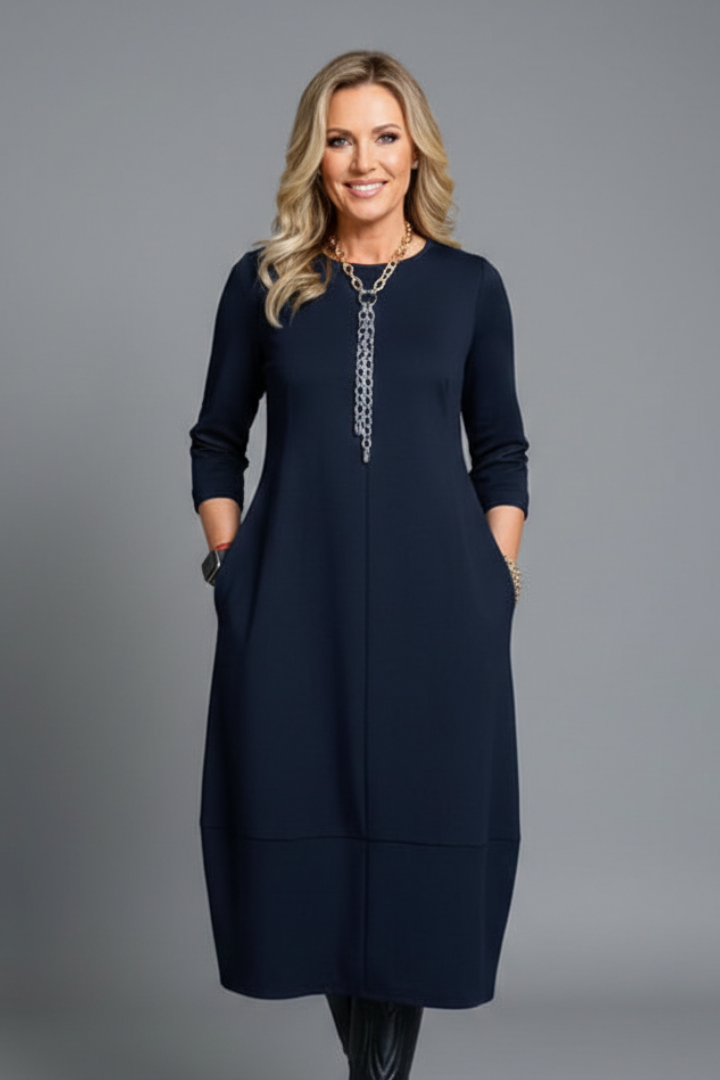 Midikleid Damen mit Taschen | A-Linie Kleid mit Rundhals und 3/4 Arm | Bequemes Freizeitkleid mit strukturierter Oberfläche