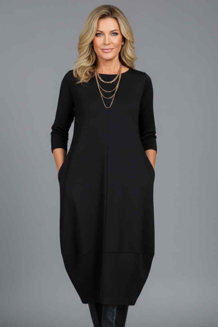 Midikleid Damen mit Taschen | A-Linie Kleid mit Rundhals und 3/4 Arm | Bequemes Freizeitkleid mit strukturierter Oberfläche