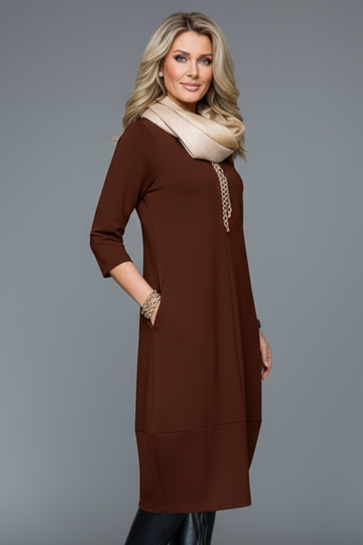 Midikleid Damen mit Taschen | A-Linie Kleid mit Rundhals und 3/4 Arm | Bequemes Freizeitkleid mit strukturierter Oberfläche