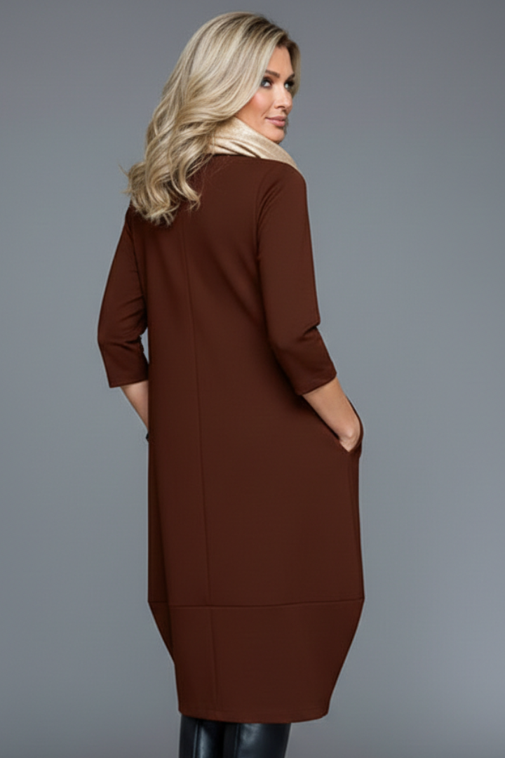 Midikleid Damen mit Taschen | A-Linie Kleid mit Rundhals und 3/4 Arm | Bequemes Freizeitkleid mit strukturierter Oberfläche