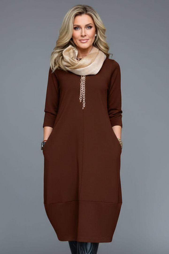 Midikleid Damen mit Taschen | A-Linie Kleid mit Rundhals und 3/4 Arm | Bequemes Freizeitkleid mit strukturierter Oberfläche