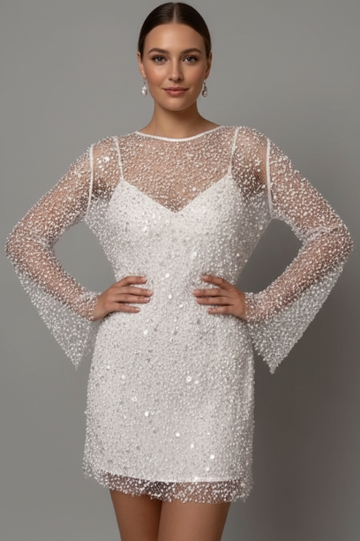 Damen Minikleid mit Mesh-Overlay und langen Ärmeln - Zweiteiliges Design mit ärmellosem Unterkleid und Rundhalsausschnitt