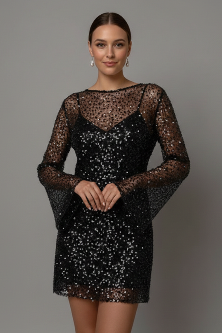 Damen Minikleid mit Mesh-Overlay und langen Ärmeln - Zweiteiliges Design mit ärmellosem Unterkleid und Rundhalsausschnitt