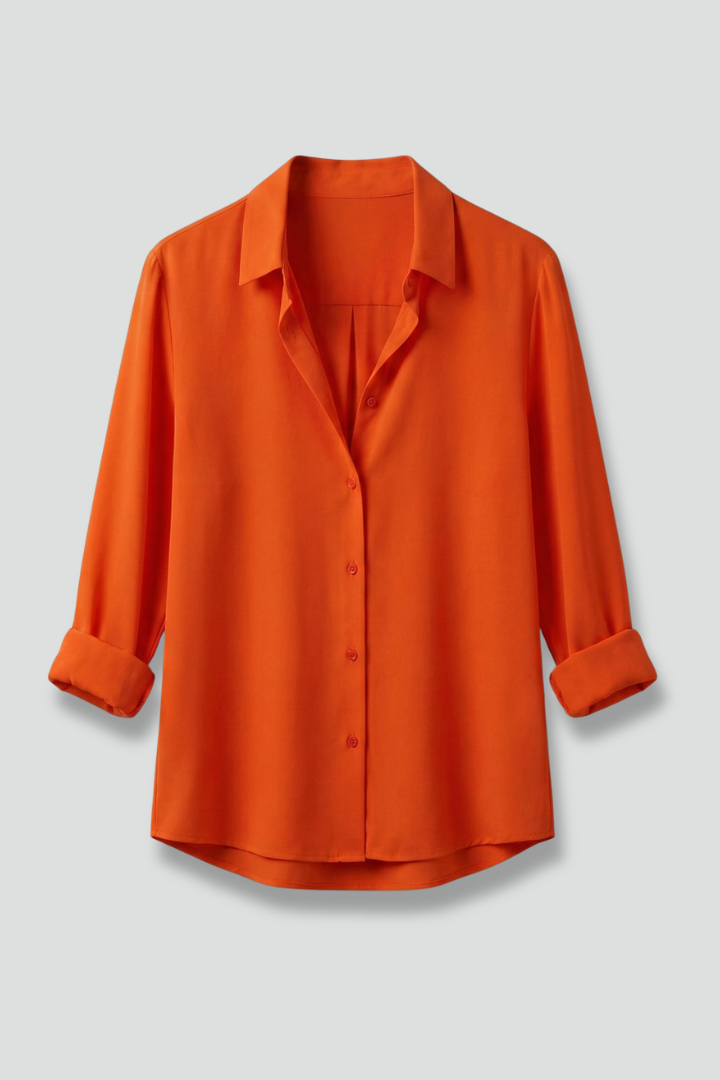 Damenbluse mit Knopfleiste und Umlegekragen | Klassische Langarm Hemdbluse mit leichtem Glanz und abgerundetem Saum für den Alltag