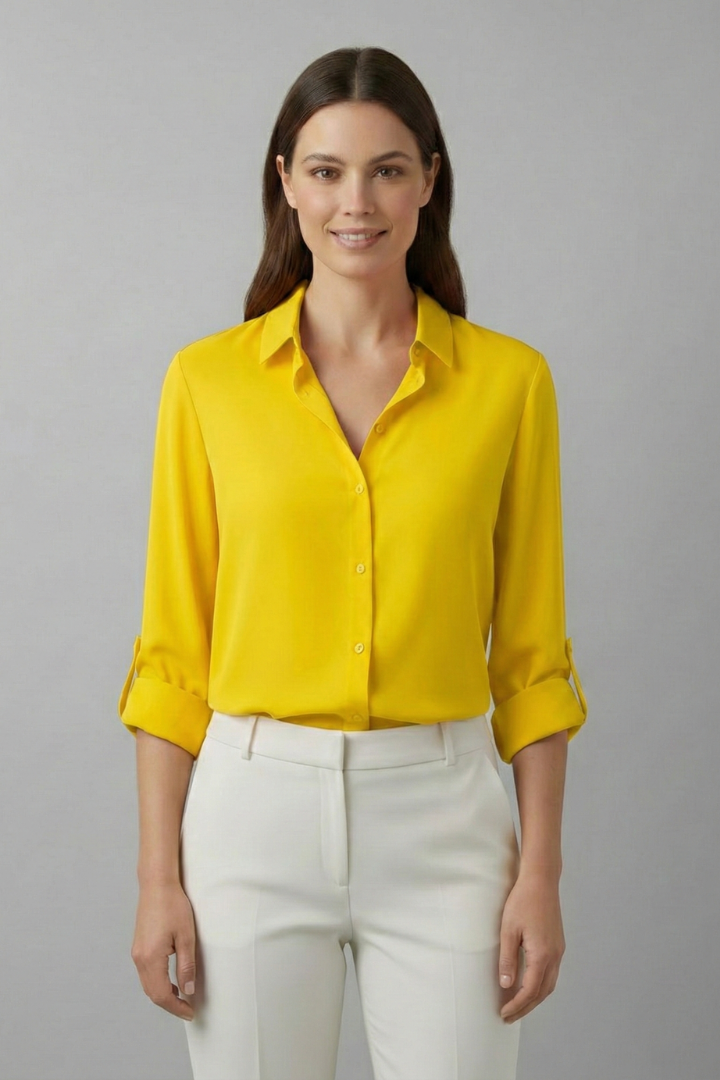Damenbluse mit Knopfleiste und Umlegekragen | Klassische Langarm Hemdbluse mit leichtem Glanz und abgerundetem Saum für den Alltag