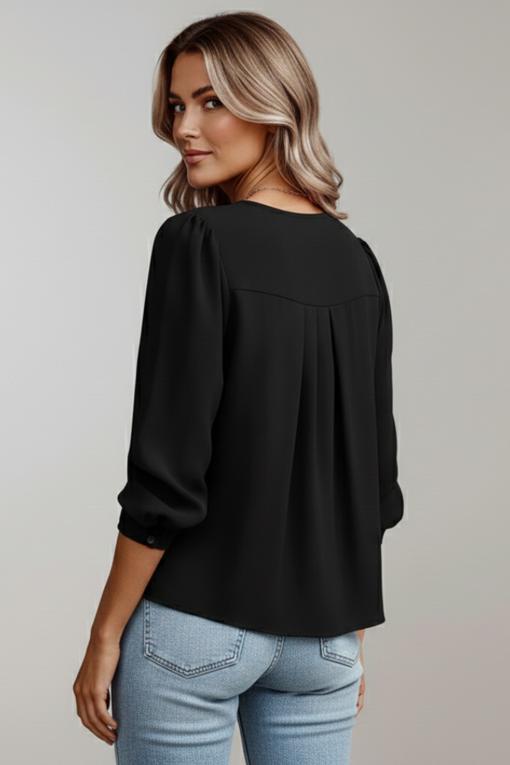 Damenbluse mit Rundhals und modischen Puffärmeln | Langarm Schlupfbluse mit Plissee-Detail | Vielseitige Business Bluse