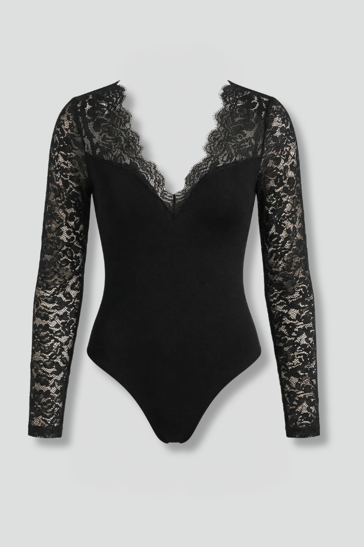 Damenbluse mit V-Ausschnitt und eleganten Spitzenärmeln | Langarm Oberteil in Slim Fit Passform für Alltag und Abend