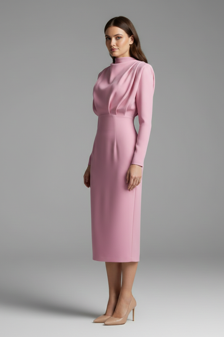 Damen Maxikleid mit Stehkragen und langen Ärmeln | Elegantes Langarmkleid mit tailliertem Schnitt und Raffung am Ausschnitt