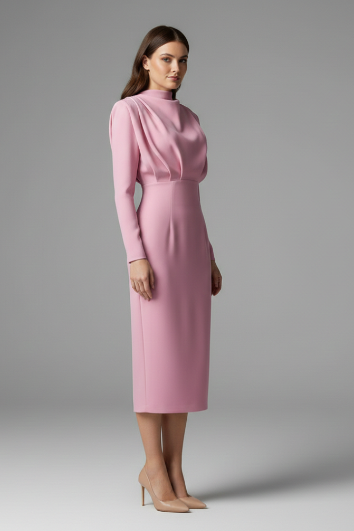 Damen Maxikleid mit Stehkragen und langen Ärmeln | Elegantes Langarmkleid mit tailliertem Schnitt und Raffung am Ausschnitt
