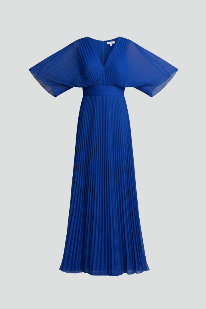 Women's Maxi Dress with V-Neck and Pleated Skirt | Elegant Long-Sleeve Dress with Waist Seam for Any Occasion