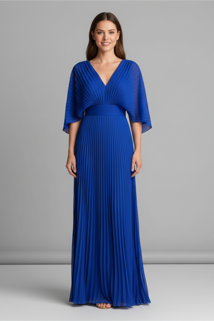 Women's Maxi Dress with V-Neck and Pleated Skirt | Elegant Long-Sleeve Dress with Waist Seam for Any Occasion